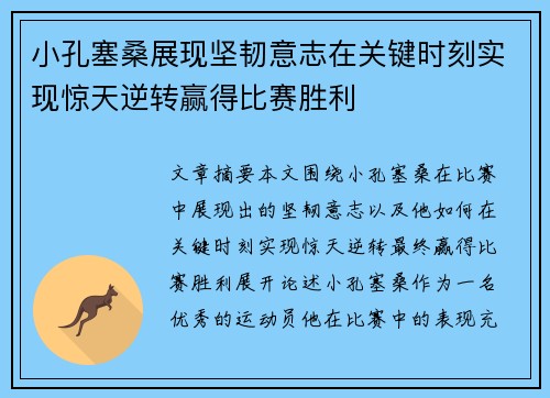 小孔塞桑展现坚韧意志在关键时刻实现惊天逆转赢得比赛胜利